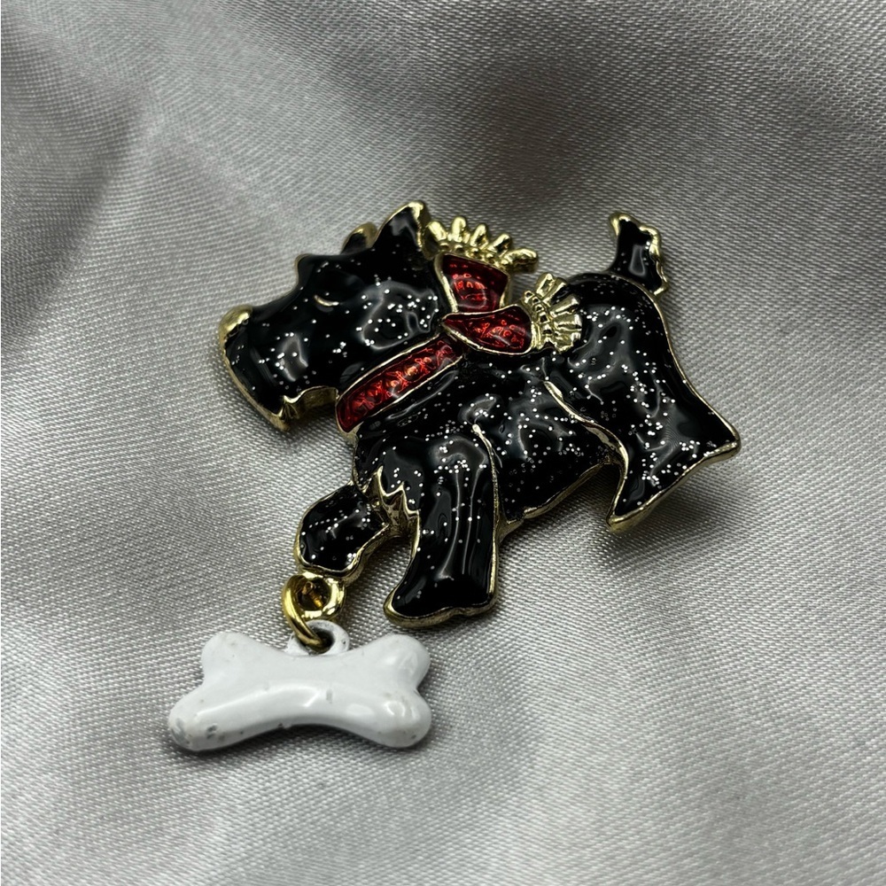Vintage Enamel Scottie Dog Brooch with Dangle Bone